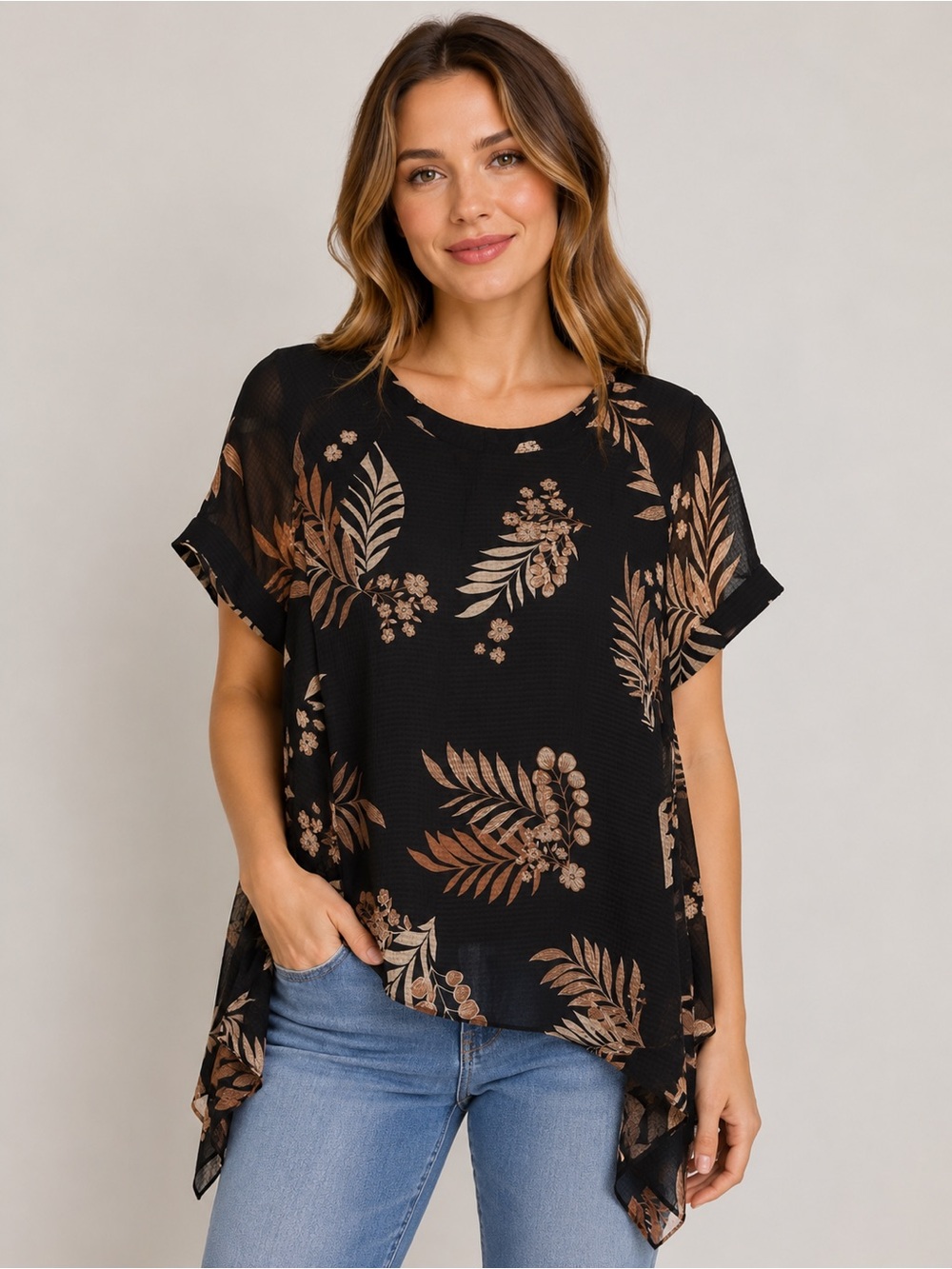 Estelle Capri Sunset Top - Women's Black Floral Tunic Top - NWT - Size 14